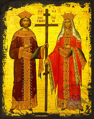 Saints Constantine and Helen, Full Body - Aged Byzantine Icon