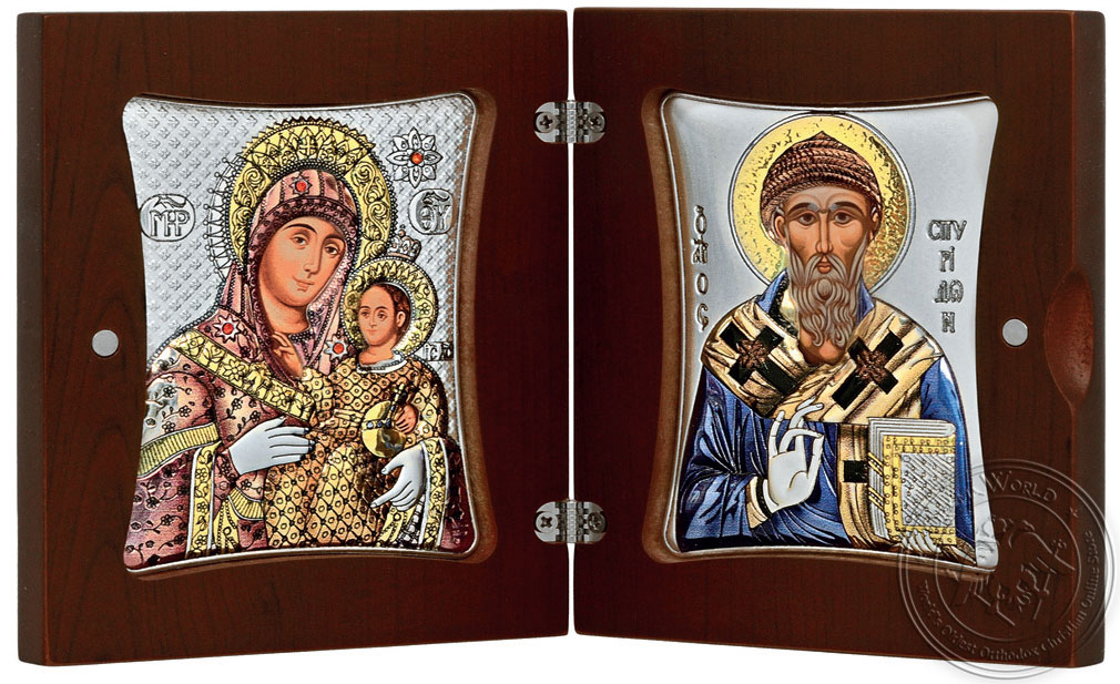 Diptych Virgin Mary - Saint Stylianos - Silver Colored Icon