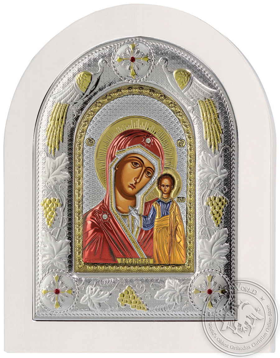 Our Lady of Kazan - Silver Colored Icon in White Wood