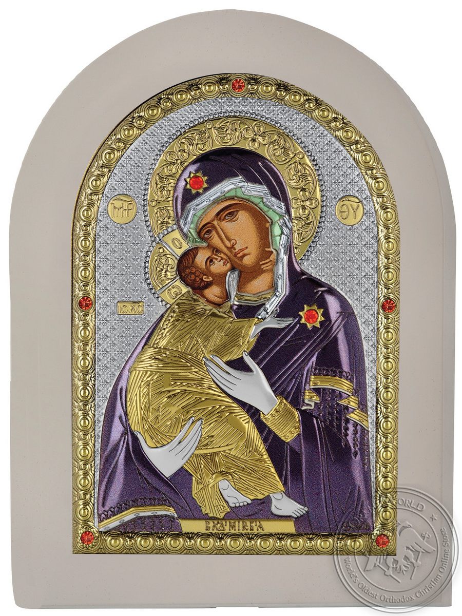 Our Lady of Vladimir - Silver Colored Icon in White Wood