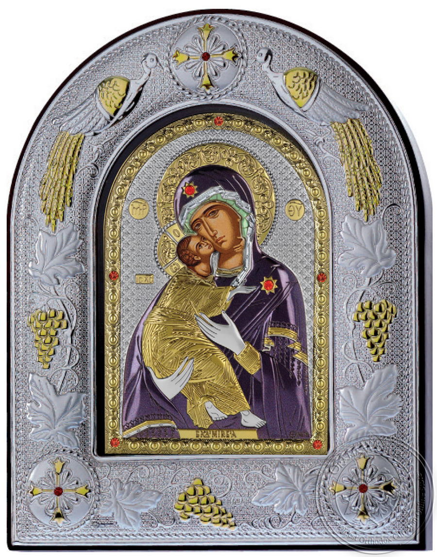 Our Lady of Vladimir - Silver Colored Icon in Glass Frame