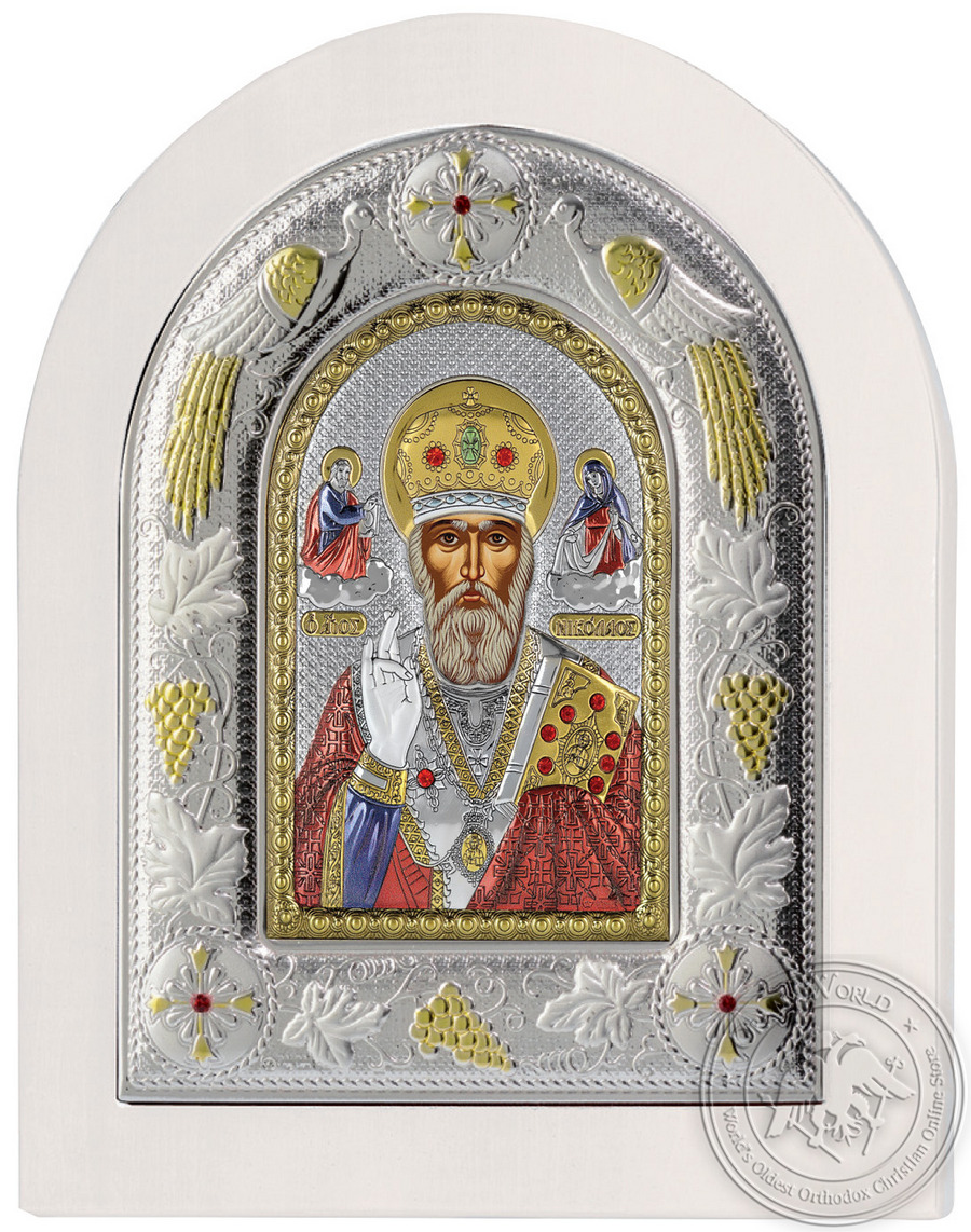 Saint Nicholas - Silver Colored Icon in White Wood