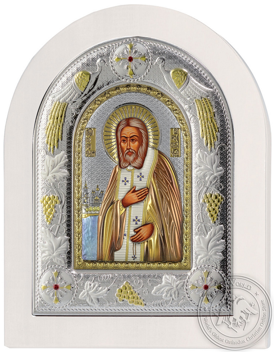 Saint Seraphim of Sarov - Silver Colored Icon in White Wood