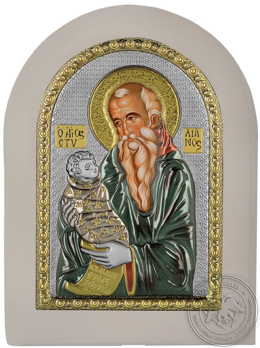 Saint Stylianos - Silver Colored Icon in White Wood
