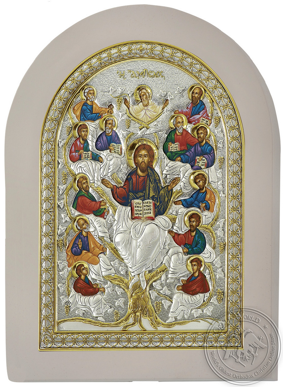 Jesus Christ the True Vine - Silver Colored Icon in White Wood