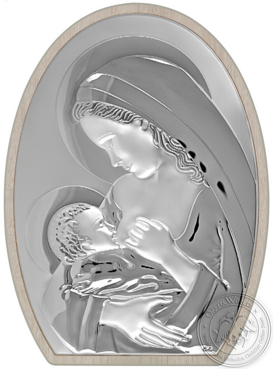 Virgin Mary Galaktotrofousa - Silver Icon in White Wood