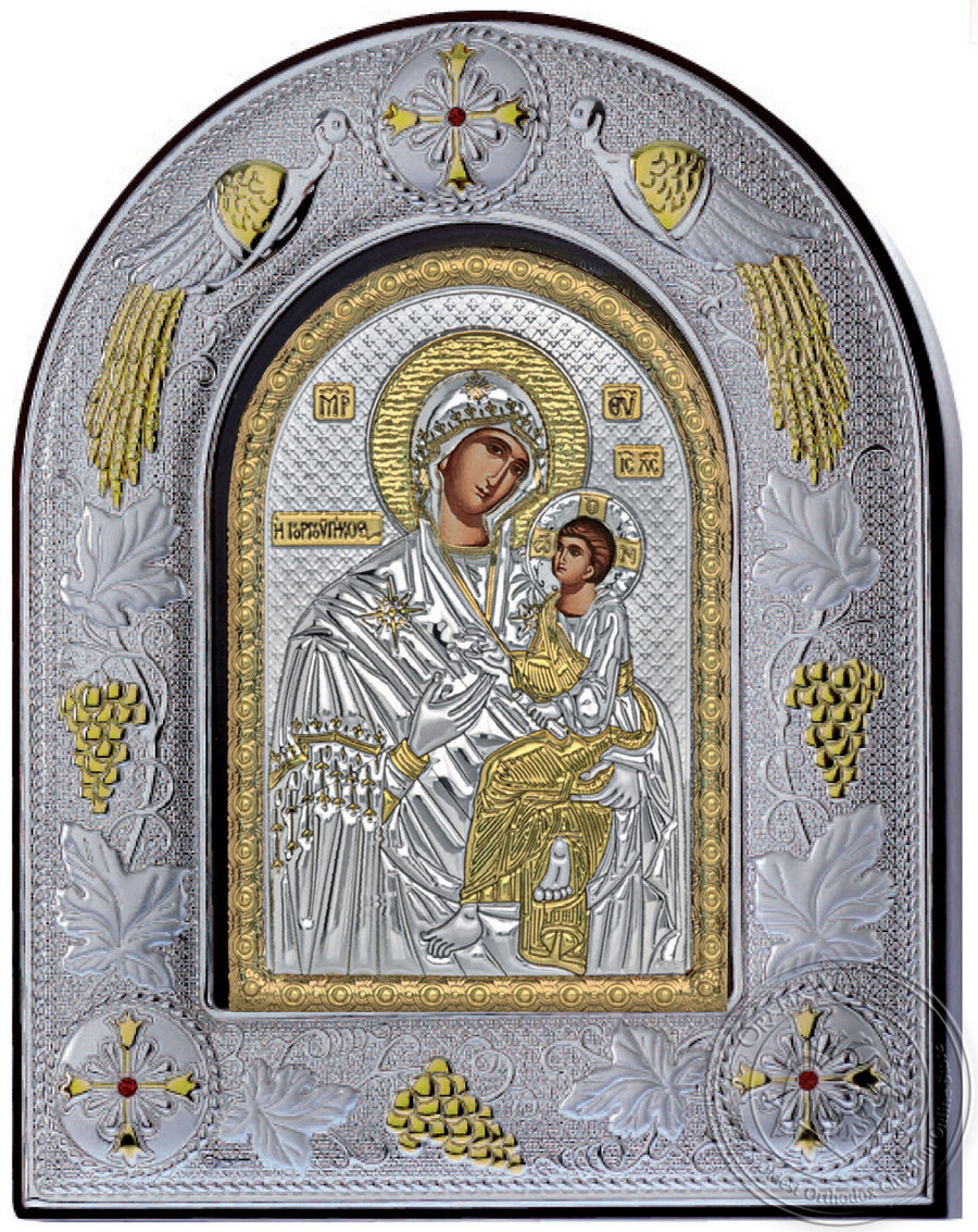 Virgin Mary Gorgoipikoos - Silver Icon in Glass Frame