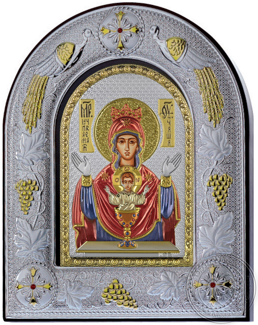 Virgin Mary Holy Grail - Silver Colored Icon in Glass Frame