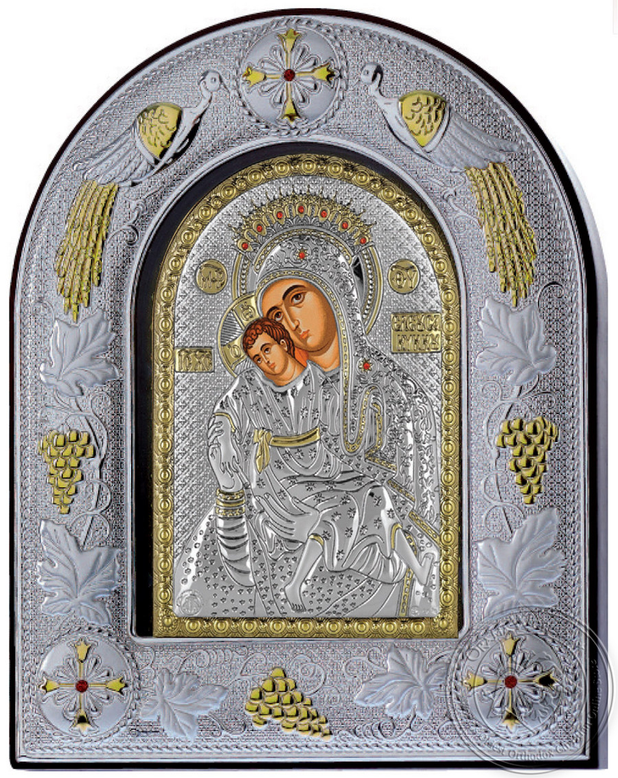Virgin Mary Kykkou - Silver Icon in Glass Frame