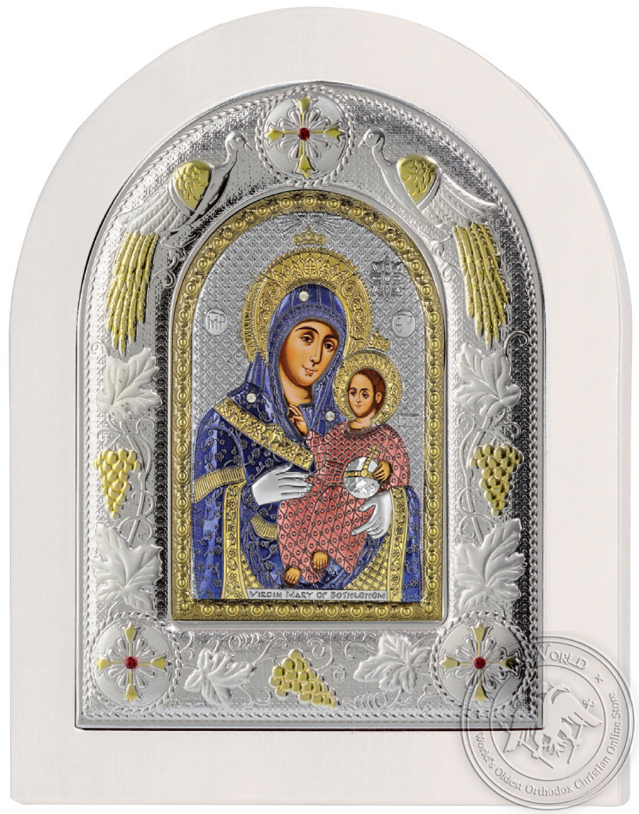 Virgin Mary of Bethlehem - Silver Colored Icon in White Wood