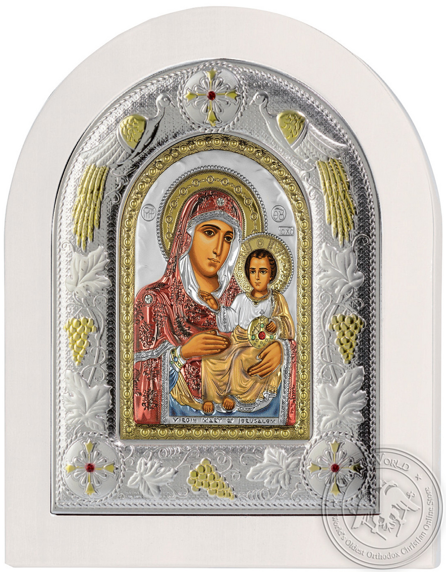 Virgin Mary of Jerusalem - Silver Colored Icon in White Wood
