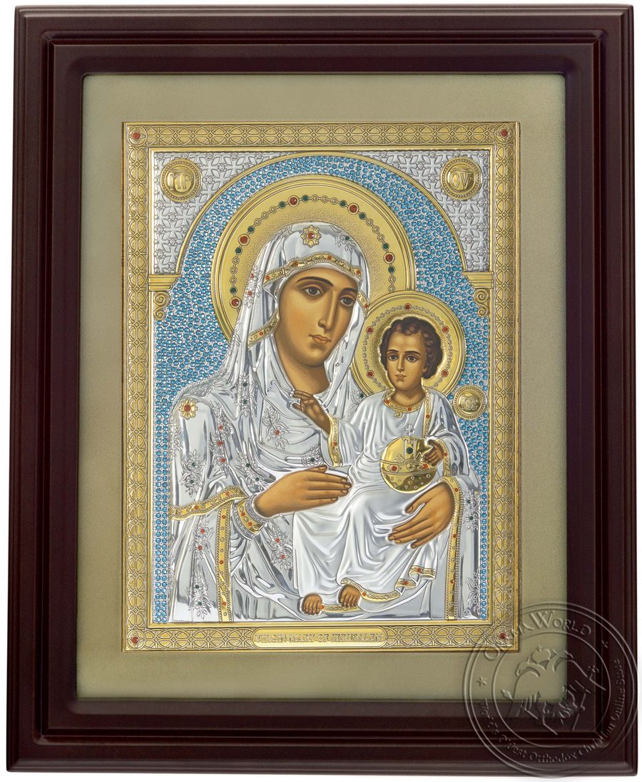 Virgin Mary of Jerusalem - Silver Colored Icon in Glass Frame