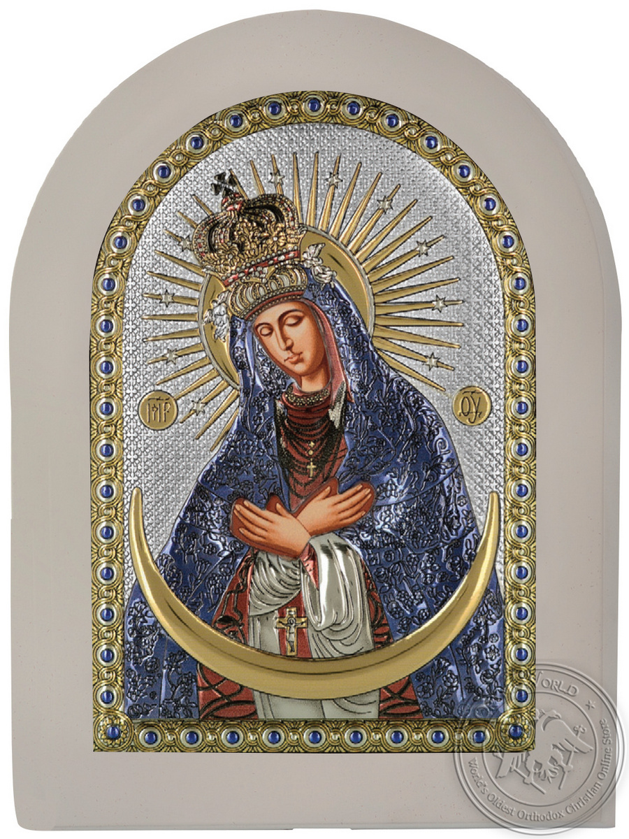 Virgin Mary of Stars Ostrobramska - Silver Colored Icon in White Wood