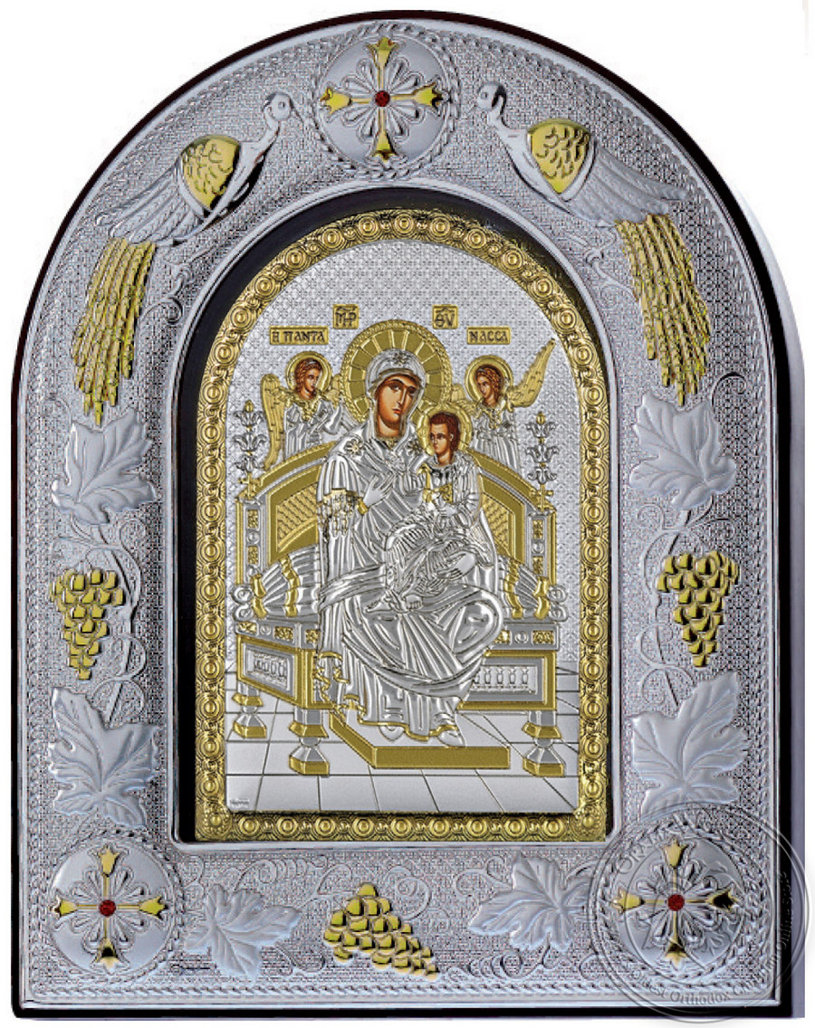 Virgin Mary Pantanassa - Silver Icon in Glass Frame
