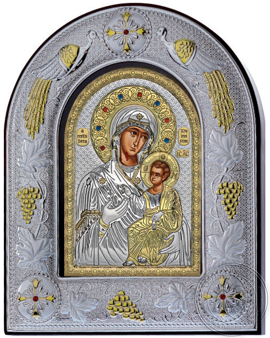 Virgin Mary Portaitissa - Silver Icon in Glass Frame