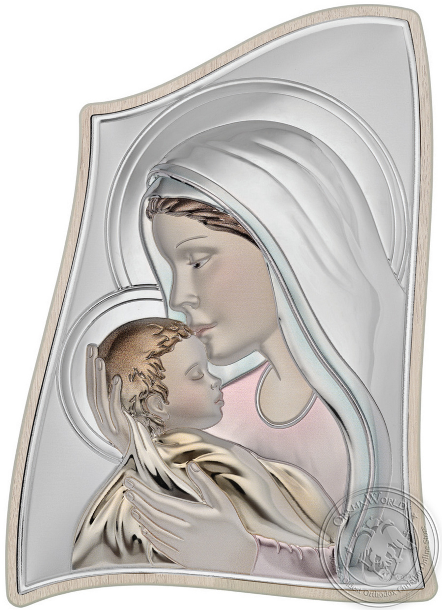 Virgin Mary with Christ - Silver Colored Icon in White Wood