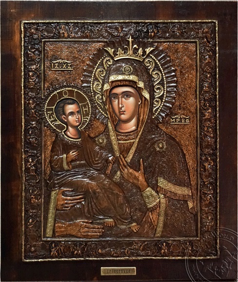 Virgin Mary Tricherousa - Wood Carved Icon