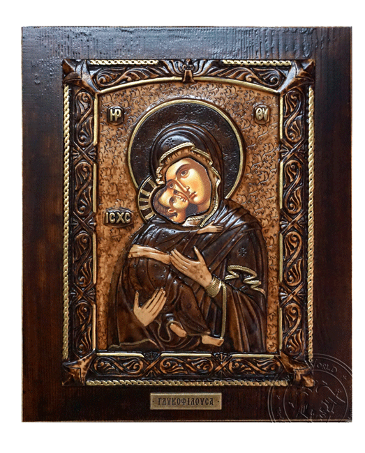 Virgin Mary Glykofilousa Wood Carved Icon